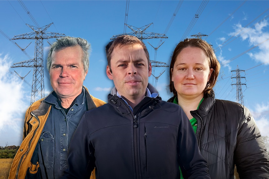 Composite image of three farmers standing in front of transmission towers
