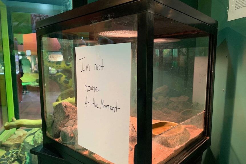 An empty glass enclosure with a paper sign saying "I'm not home at the moment".