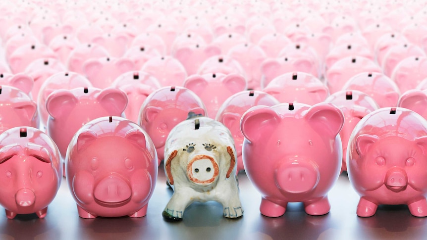 One white piggy bank surrounded by rows and rows of pink piggy banks.