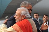 Barack Obama and Narendra Modi hug
