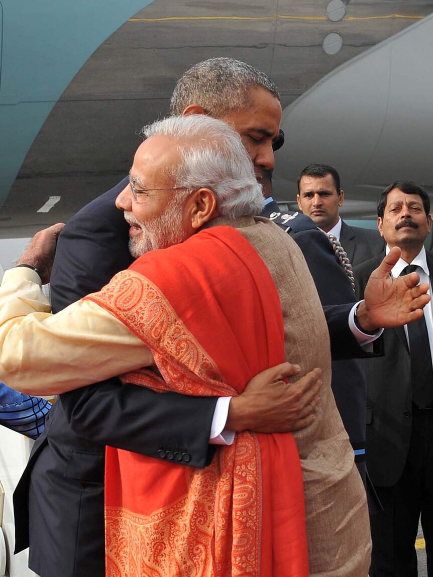 Barack Obama and Narendra Modi hug