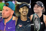 Composite image of Dylan kissing a trophy, Naomi smiling and Ash smiling. 