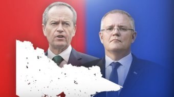 Bill Shorten and Scott Morrison on a red and blue background with a map of Victoria in the foreground