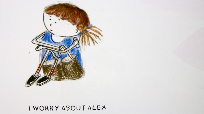 A cartoon drawing of a young girl, with the words 'I worry about Alex when he is sick'.