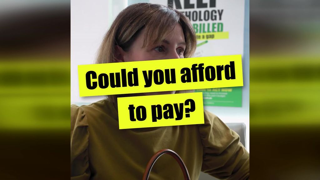 Screengrab from an ad showing a woman with black text on yellow banner saying 'Could you afford to pay?'