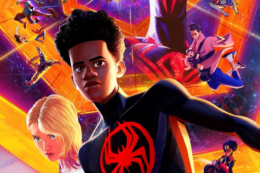 A movie poster showing multiple cartoon spider-mans and a blonde girl.