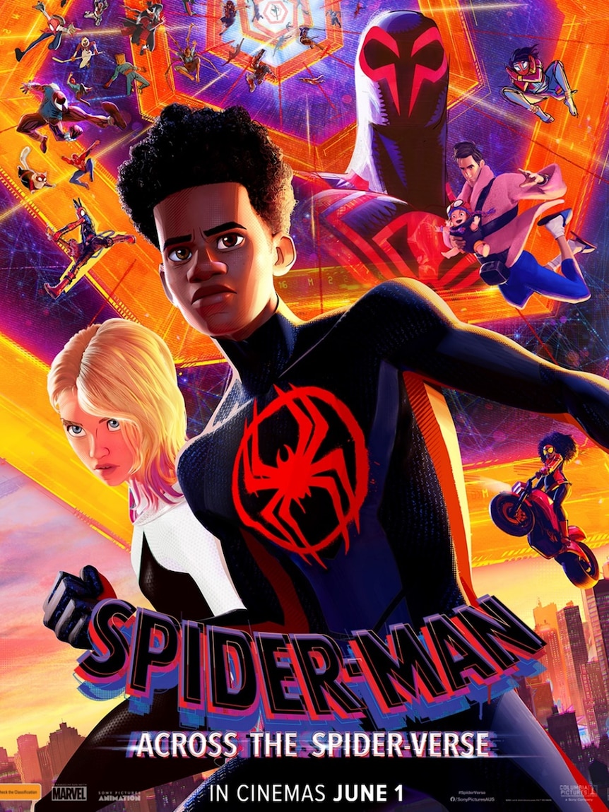 A movie poster showing multiple cartoon spider-mans and a blonde girl.