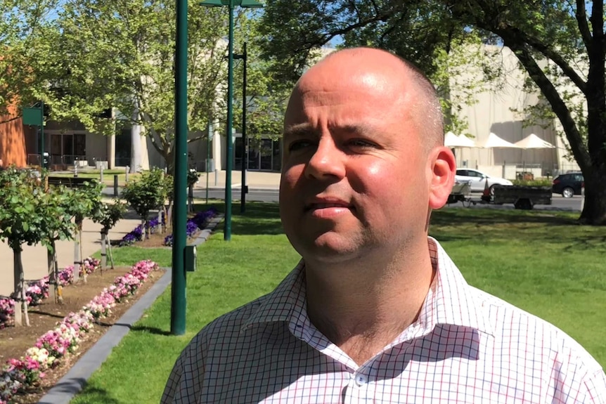 A middle-aged bald man wearing a checked shirt, standing in a green park.