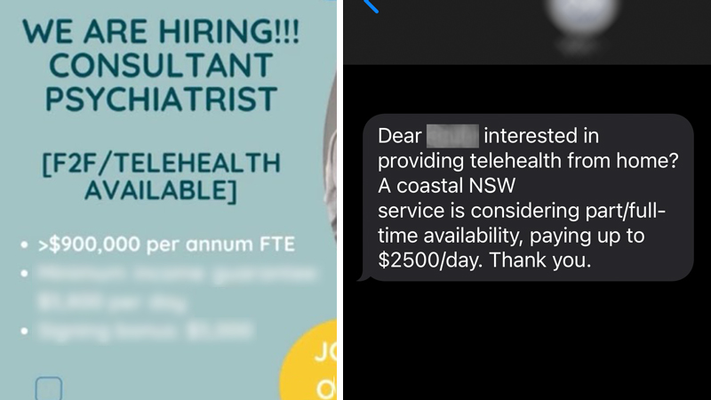 Two ads: One is a graphic saying "We're hiring… $900,000 per annum FTE, $3,800 a day": The other a similar text message