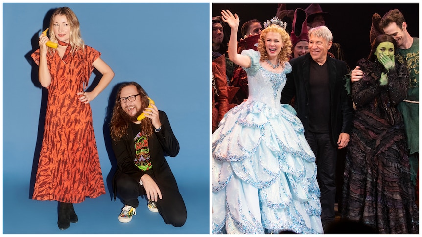 A composite image of (left) Kate Miller-Heidke and Keir Nuttall and (right) Stephen Schwartz with costumed performers on stage..