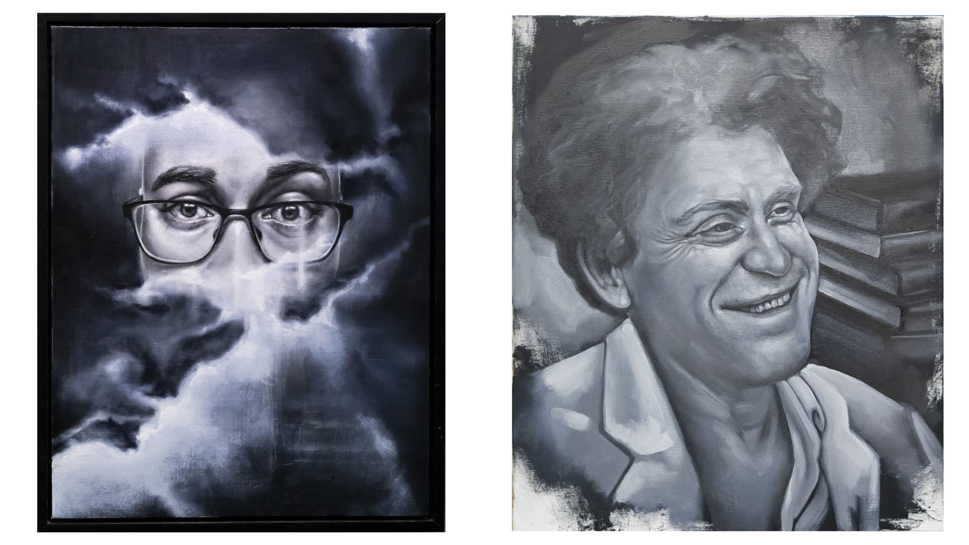 Two black and white paintings, one of a man wearing glasses peering out of clouds, the other of John Safran laughing
