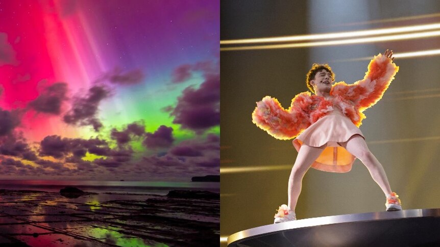Split image of colourful lights in the sky and a singer standing on a platform with arms open