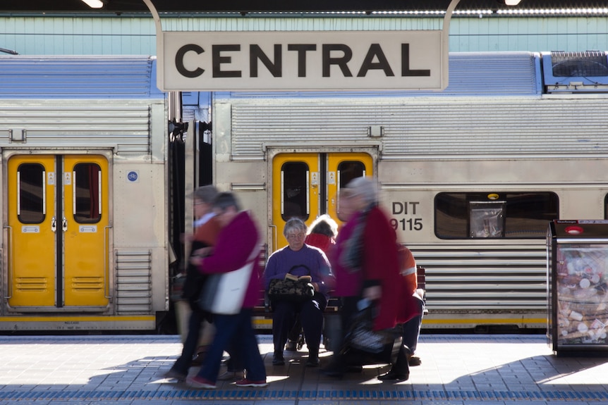 People walk past a train on a platform beneath a sign saying 'Central'.