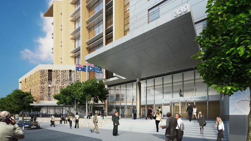 An artist's impression of Newcastle's law court complex at the intersection of Hunter and Burwood Streets.