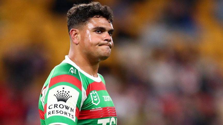 A South Sydney NRL player leaves the field after being sent to the sin-bin.