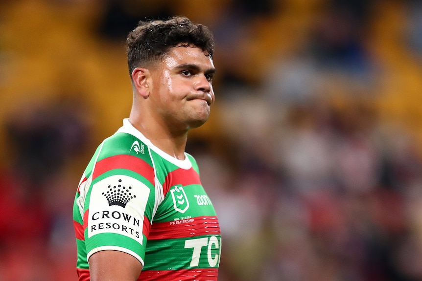 A South Sydney NRL player leaves the field after being sent to the sin-bin.