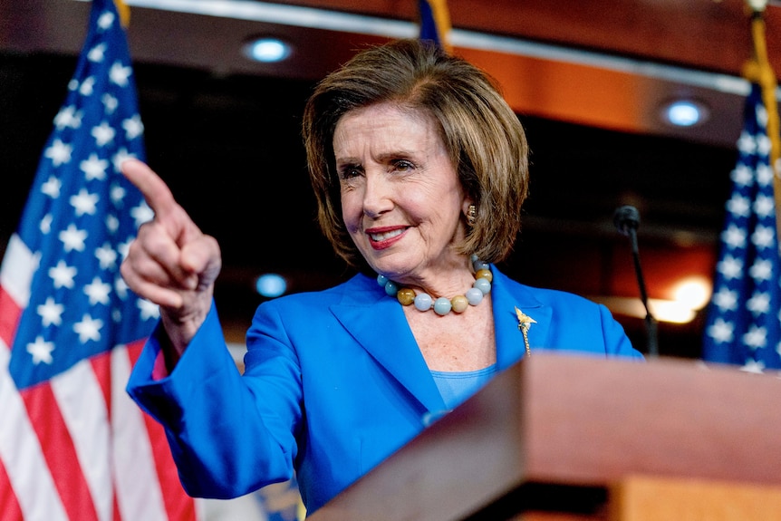 House Speaker Nancy Pelosi of Calif., takes a question from a reporter