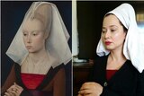 Composite image of a woman with white shawl recreating classical artwork: Rogier van der Weyden's 'Portrait of a Lady'.