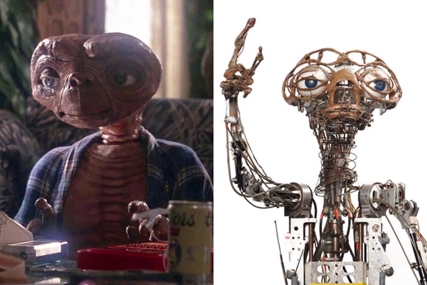 Screenshot of ET in the 1982 film next to a photo of an animatronic ET skeleton. 