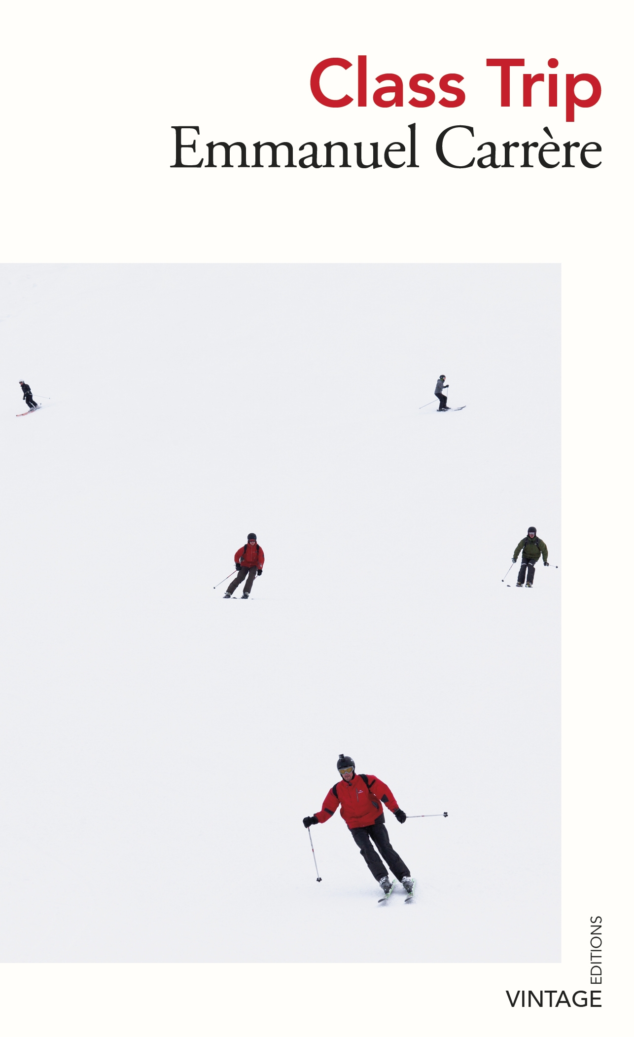 The cover of the book Class Trip, featuring small figures of skiers on a stark white background,