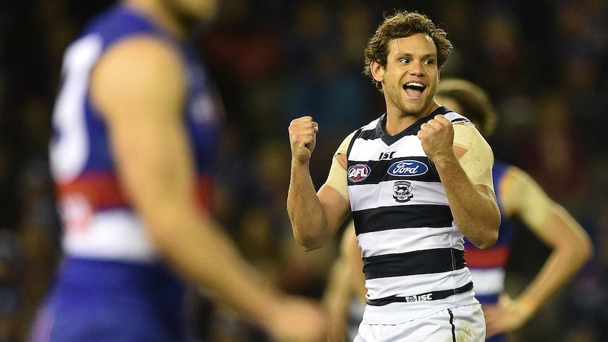 Steven Motlop of the Cats reacts after kicking a goal against Geelong at Docklands in June 2016.