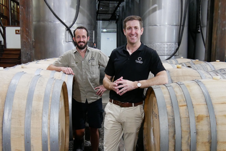 Two men are standing in a wine manufacturing room near barrels of wine,. They smiling at the camera.