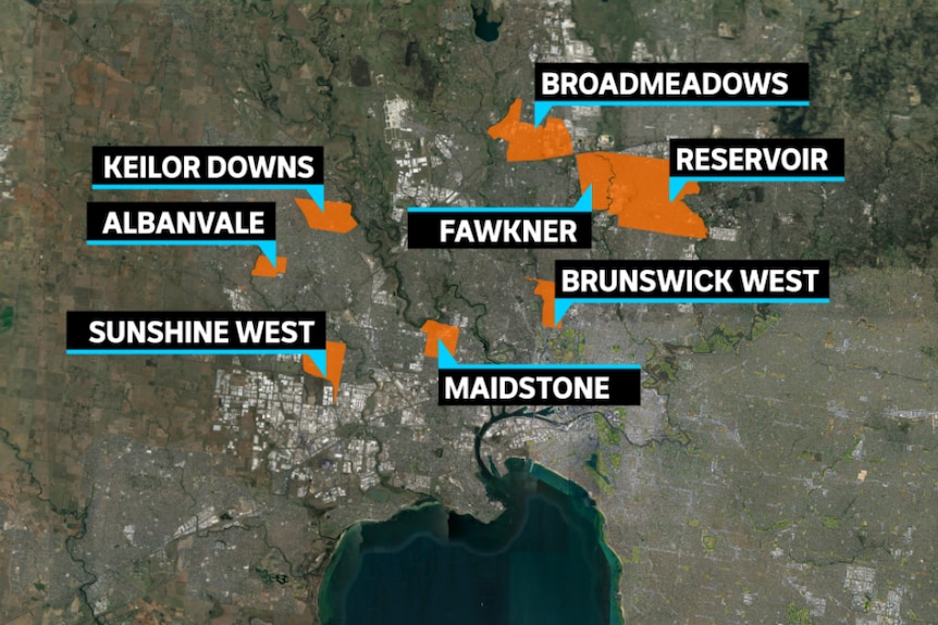 A map highlighting eight suburbs in Melbourne's north and west.