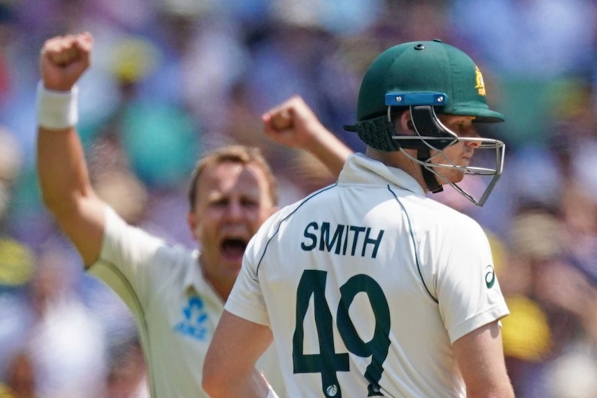 Steve Smith looks over his shoulder and closes his eyes as Neil Wagner celebrates in the background.