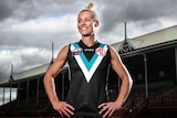 Erin Phillips smiles, pictured in a Port Adelaide jumper at Alberton Oval