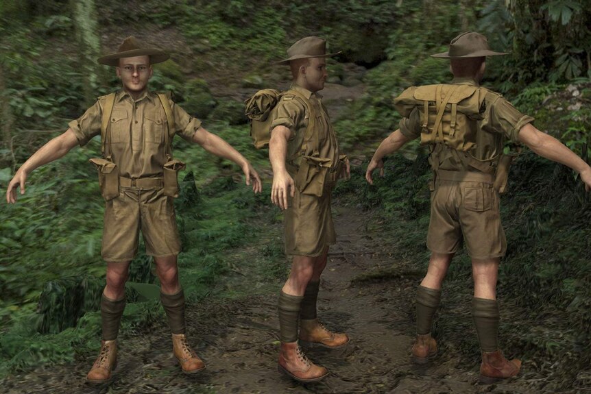 Three images of VR soldier in uniform facing front, side and back.