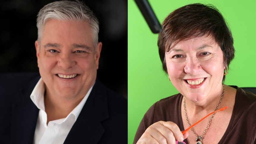 Composite image: on left is a man is a smiling man in suit and on right is a smiling woman in front of a microphone