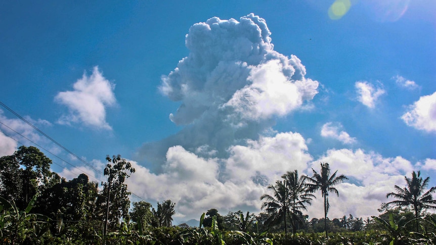 Mount Merapi spews volcanic materials during an eruption. It looks like a big vertical cloud, high in the sky.