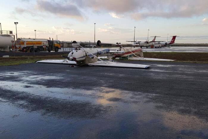 A light aircraft at Moranbah airport in Queensland's Central Highlands overturned during a severe storm on November 16, 2015.