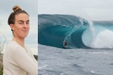 A composite image of a woman with her hair up and smiling at the camera, and a large wave.