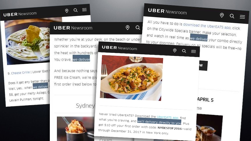 Screenshots of Uber website with pictures and description of food, highlighting the words 'we deliver'.