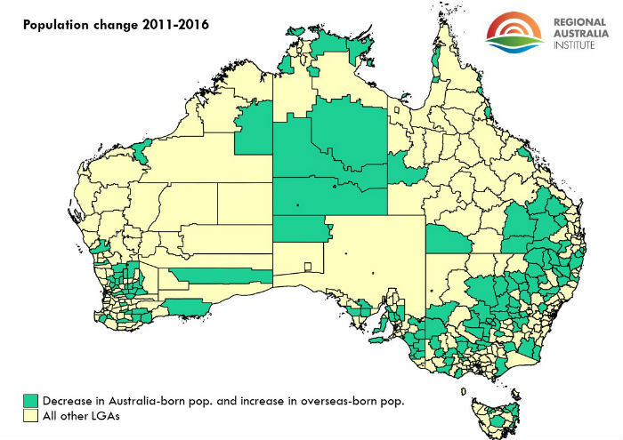 Map of Australian regional local government areas shaded yellow or green