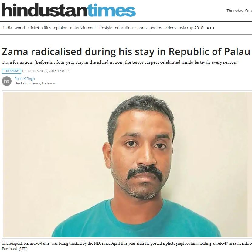 A screenshot of an online news article with the title "Zama radicalised during his stay in Republic of Palau" and his picture.