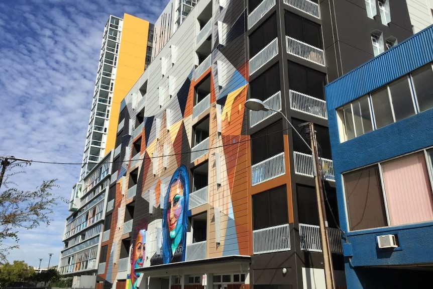 Colourful walls of CBD apartments in Adelaide.