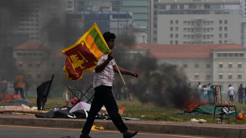 A Sri Lankan government supporter carries a national flag