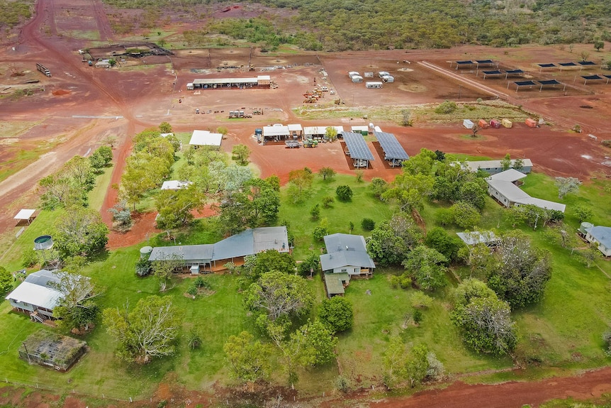an aerial view of a station homestead and a cattle feedlot.