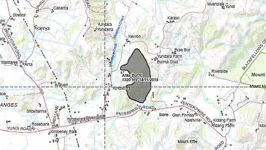 A map showing the fire ground north of Enterprise Road.