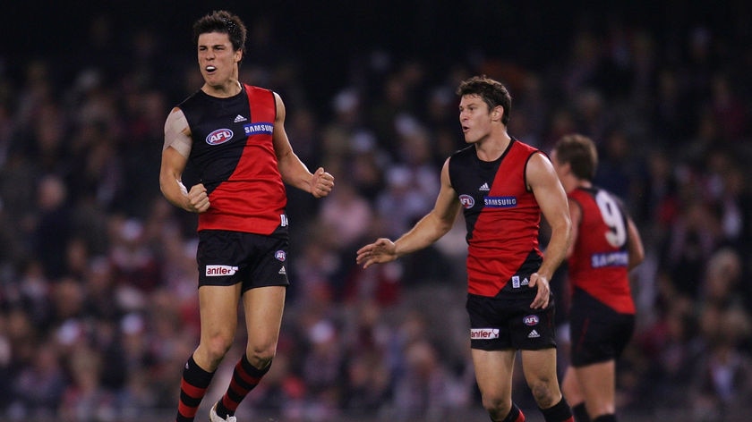 What a win...Angus Monfries (l) kicked a monster goal for the Bombers in the dying minutes.