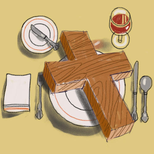 An illustration shows a table set with crockery, cutlery and a large wooden cross.