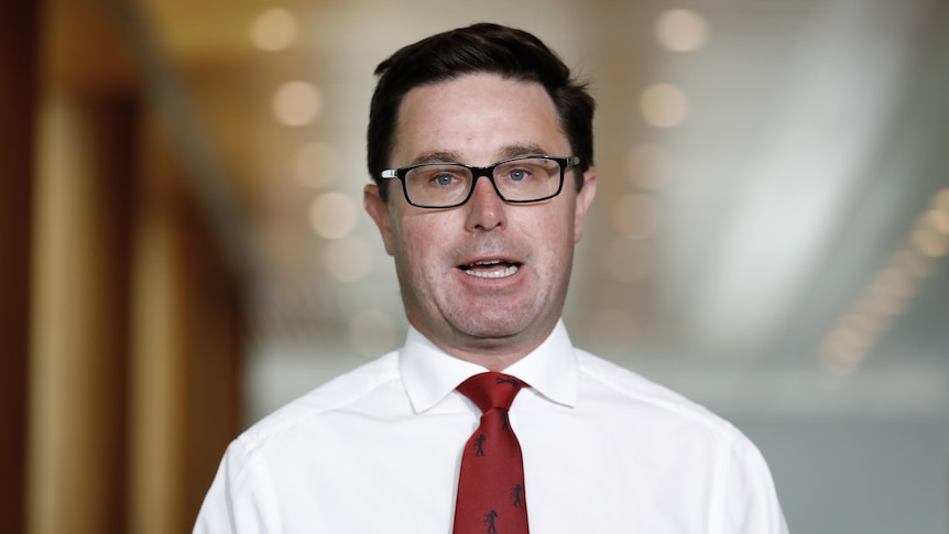 David Littleproud wearing a red tie in the mura hall mid-sentence