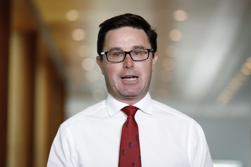 David Littleproud wearing a red tie in the mura hall mid-sentence