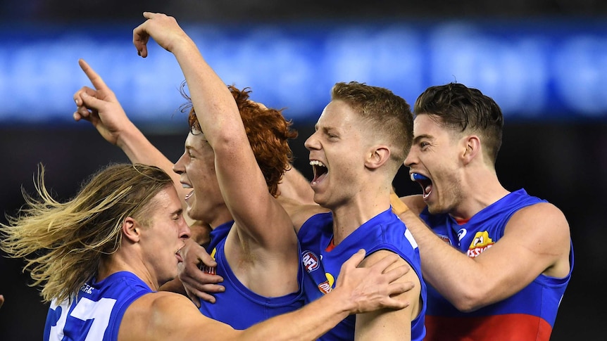 The Western Bulldogs celebrate a goal against the Cats.