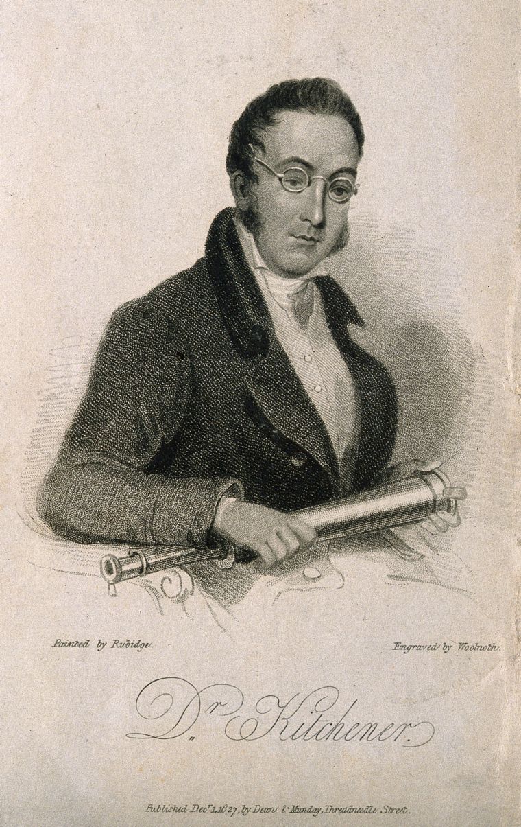 A drawing of a man wearing rounded spectacles holding a telescope. 'Dr Kitchiner' is written below in old-timey script
