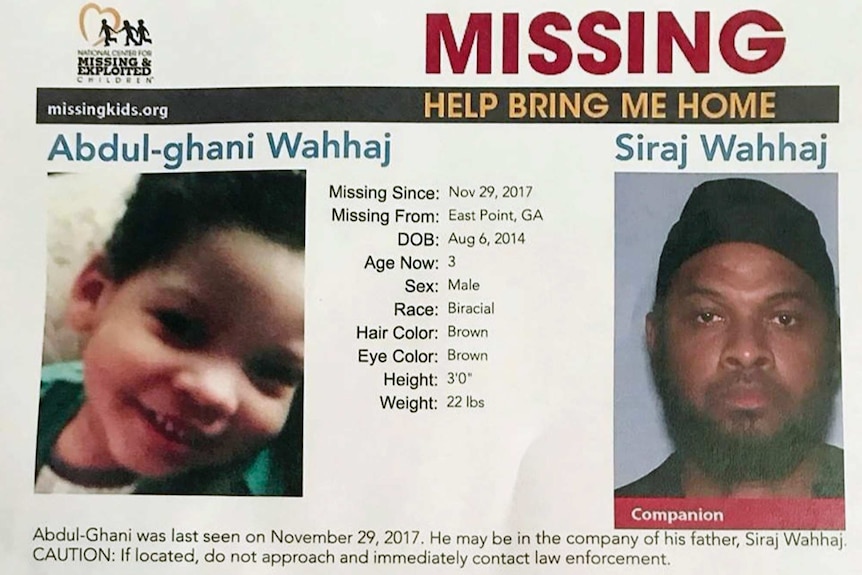 An announcement by the National Centre for Missing & Exploited Children shows Abdul-ghani Wahhaj and his father.