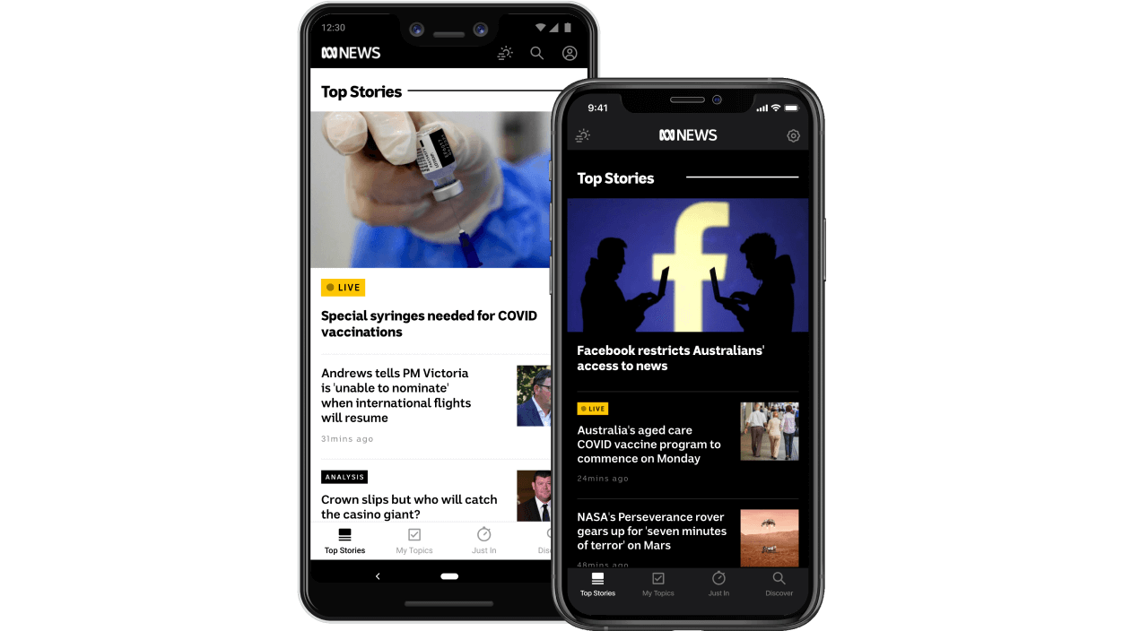 Two mobile phones showing the ABC News website