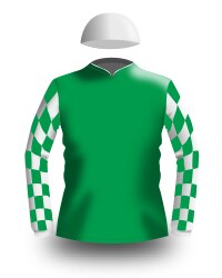 Green and white jockey silks.